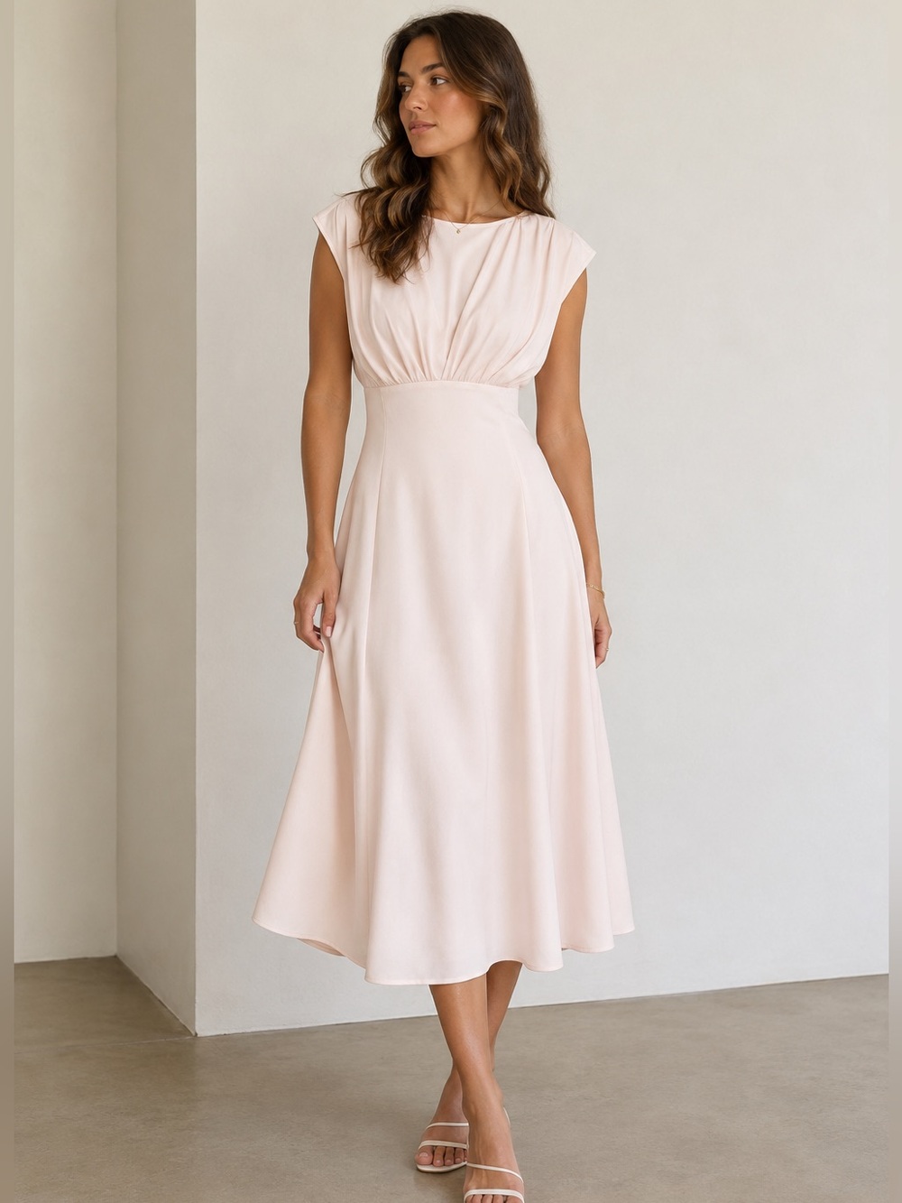 Calvin Klein NWT Soft Blush Midi Dress Size 4 Pleated Waist Elegant Work Wedding - Picture 2 of 9
